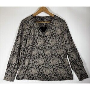 Lucky Brand Shirt Womens Large Black Gray Paisley Button Boho Long Sleeve Top